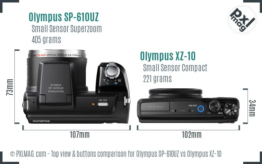 Olympus SP-610UZ vs Olympus XZ-10 top view buttons comparison