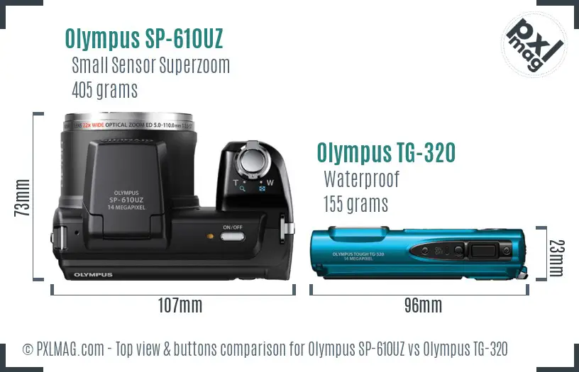 Olympus SP-610UZ vs Olympus TG-320 top view buttons comparison