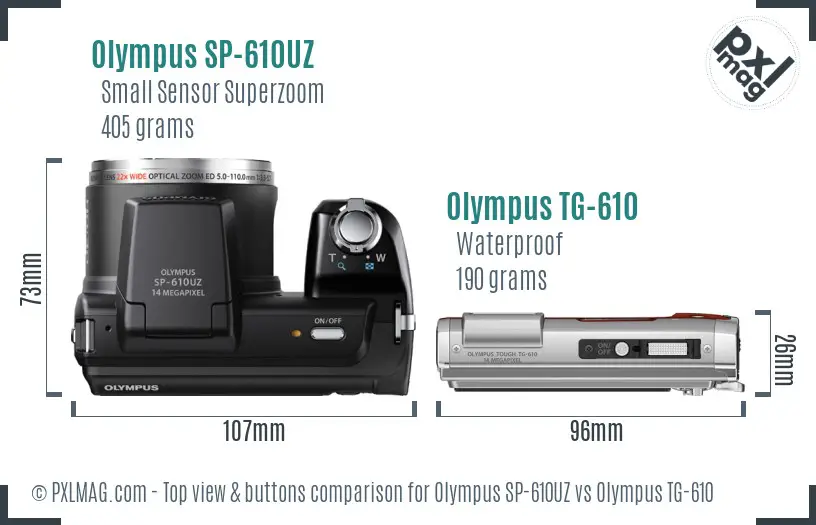 Olympus SP-610UZ vs Olympus TG-610 top view buttons comparison