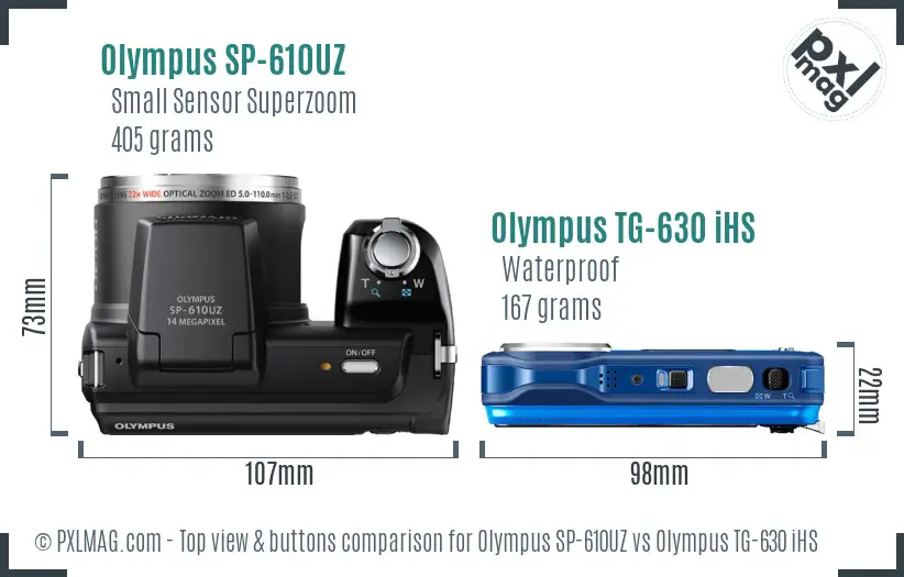Olympus SP-610UZ vs Olympus TG-630 iHS top view buttons comparison