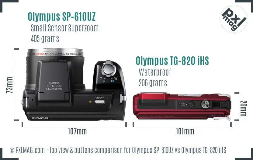Olympus SP-610UZ vs Olympus TG-820 iHS top view buttons comparison