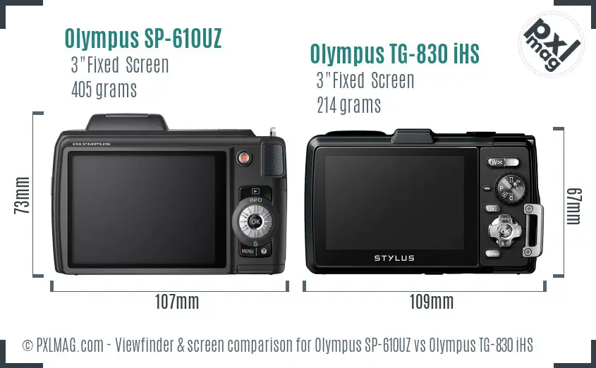 Olympus SP-610UZ vs Olympus TG-830 iHS Screen and Viewfinder comparison