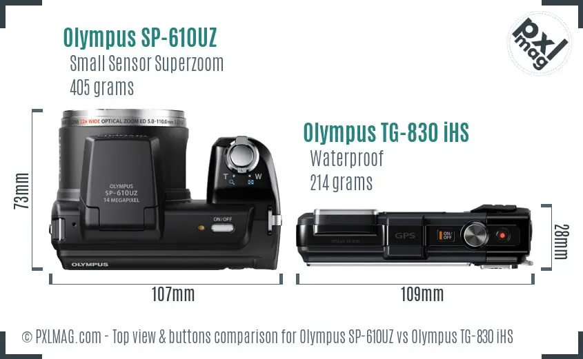 Olympus SP-610UZ vs Olympus TG-830 iHS top view buttons comparison