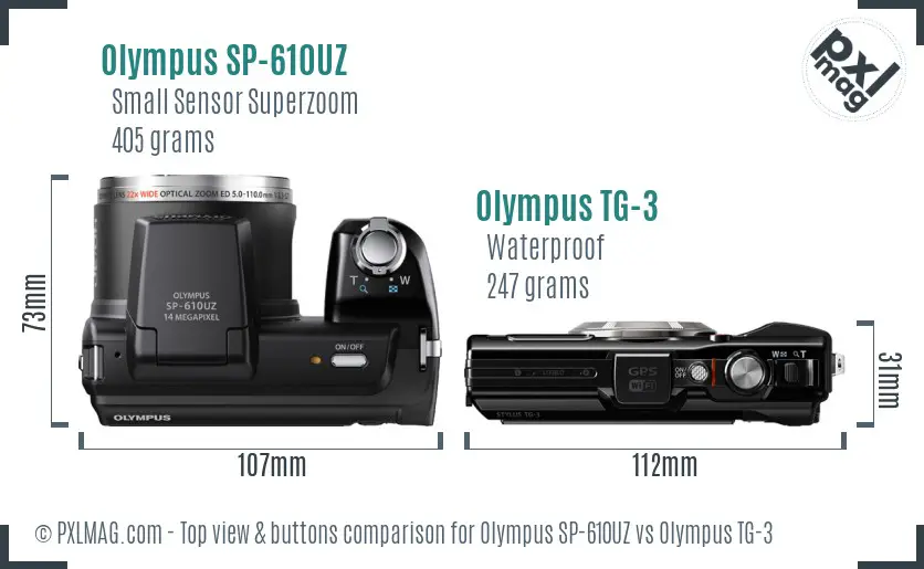 Olympus SP-610UZ vs Olympus TG-3 top view buttons comparison