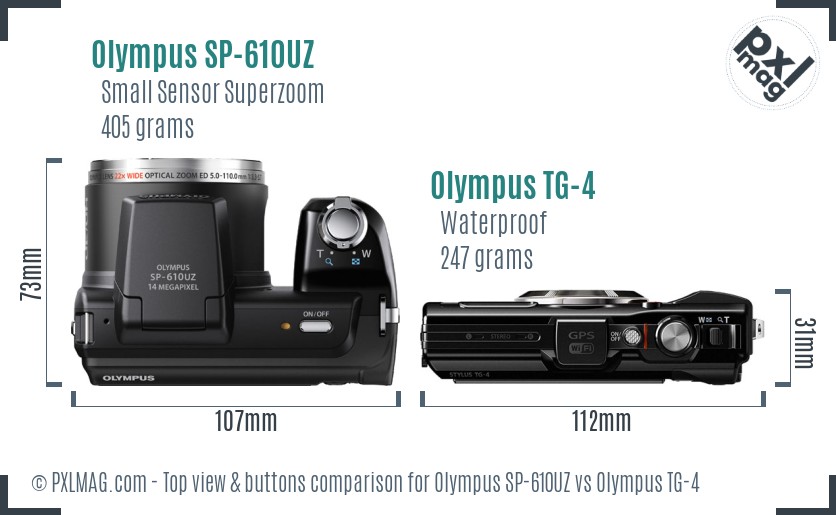 Olympus SP-610UZ vs Olympus TG-4 top view buttons comparison