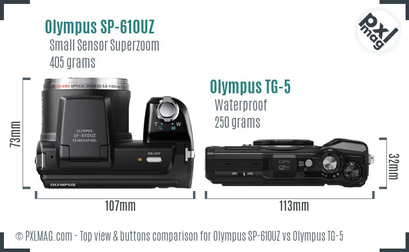 Olympus SP-610UZ vs Olympus TG-5 top view buttons comparison