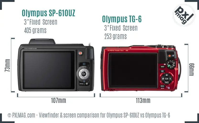 Olympus SP-610UZ vs Olympus TG-6 Screen and Viewfinder comparison