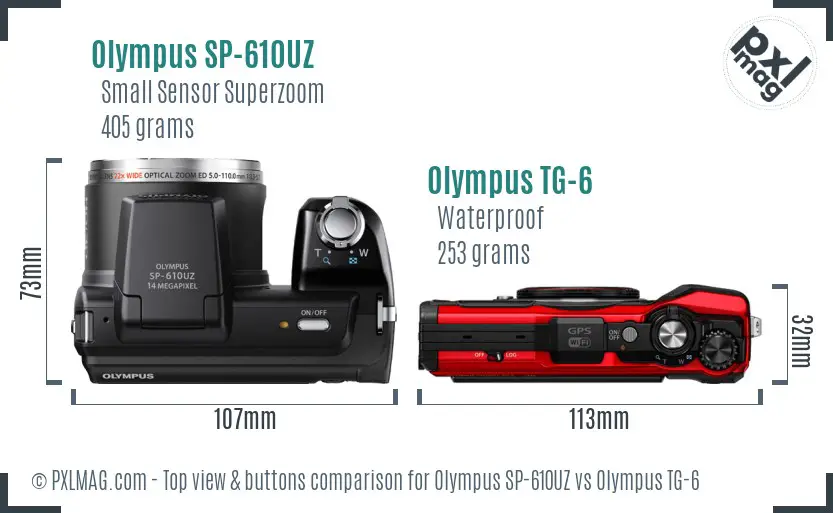 Olympus SP-610UZ vs Olympus TG-6 top view buttons comparison