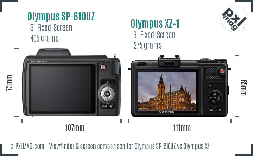 Olympus SP-610UZ vs Olympus XZ-1 Screen and Viewfinder comparison