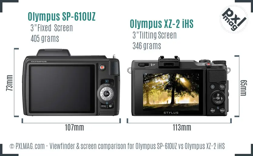 Olympus SP-610UZ vs Olympus XZ-2 iHS Screen and Viewfinder comparison