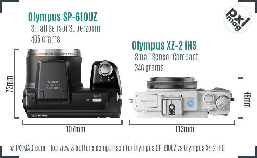 Olympus SP-610UZ vs Olympus XZ-2 iHS top view buttons comparison