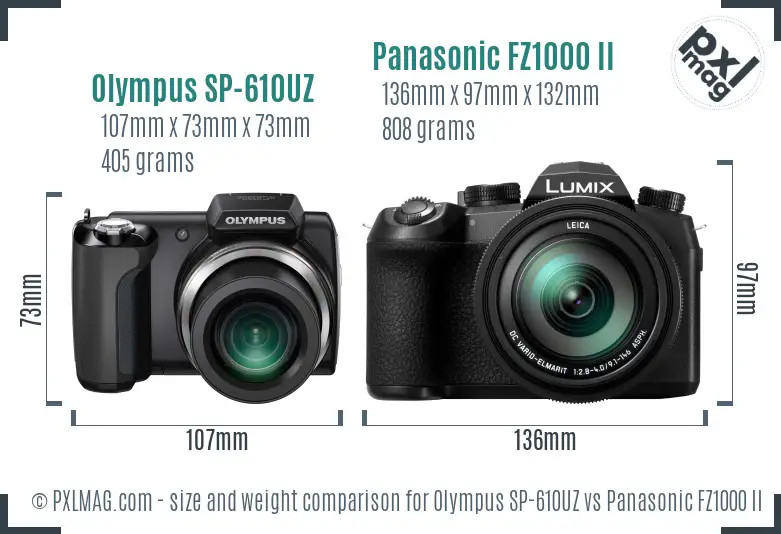 Olympus SP-610UZ vs Panasonic FZ1000 II size comparison