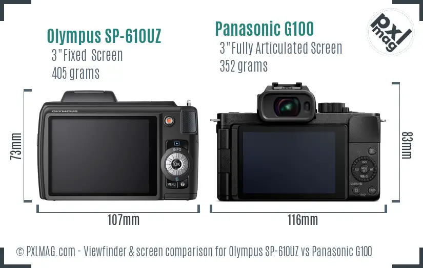 Olympus SP-610UZ vs Panasonic G100 Screen and Viewfinder comparison