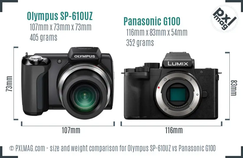 Olympus SP-610UZ vs Panasonic G100 size comparison