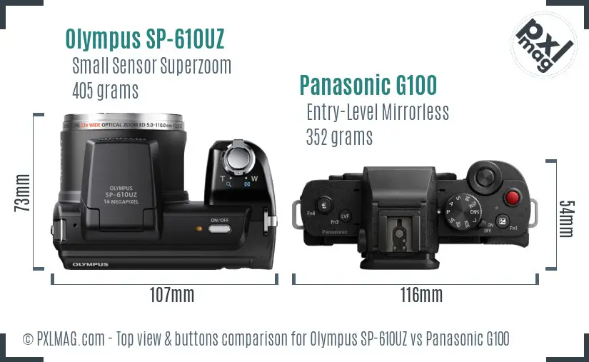 Olympus SP-610UZ vs Panasonic G100 top view buttons comparison
