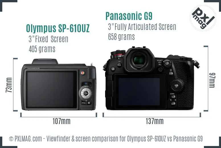 Olympus SP-610UZ vs Panasonic G9 Screen and Viewfinder comparison