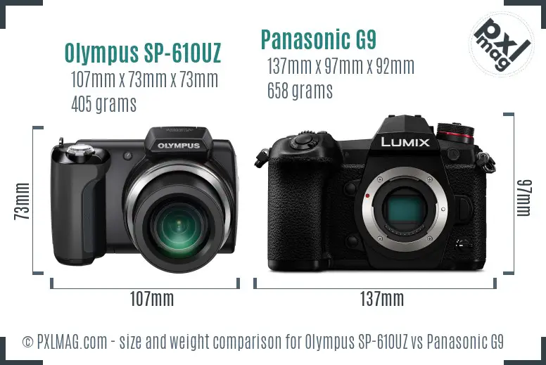 Olympus SP-610UZ vs Panasonic G9 size comparison