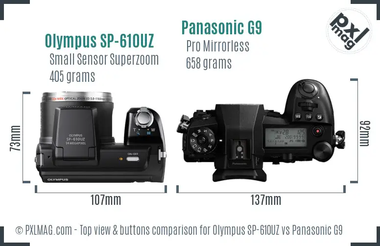 Olympus SP-610UZ vs Panasonic G9 top view buttons comparison