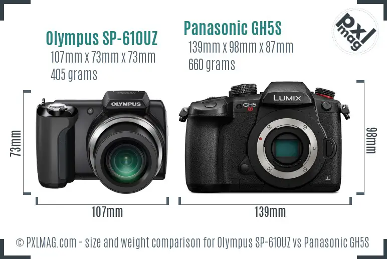 Olympus SP-610UZ vs Panasonic GH5S size comparison