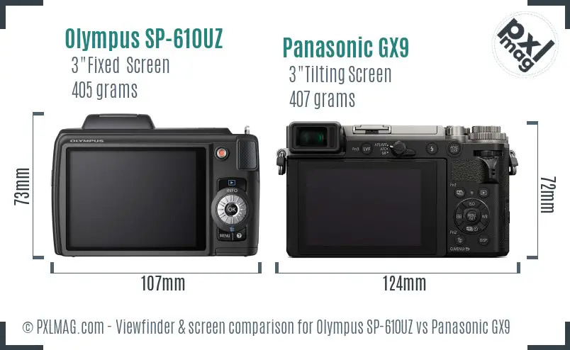 Olympus SP-610UZ vs Panasonic GX9 Screen and Viewfinder comparison