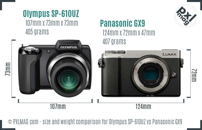 Olympus SP-610UZ vs Panasonic GX9 size comparison