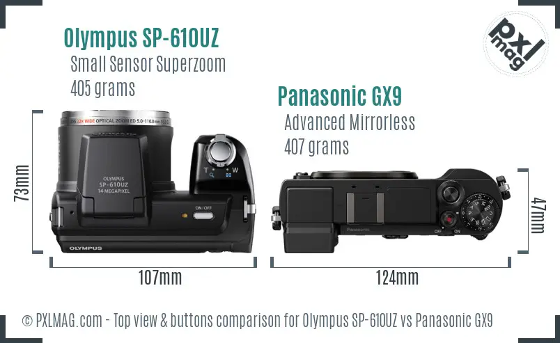 Olympus SP-610UZ vs Panasonic GX9 top view buttons comparison
