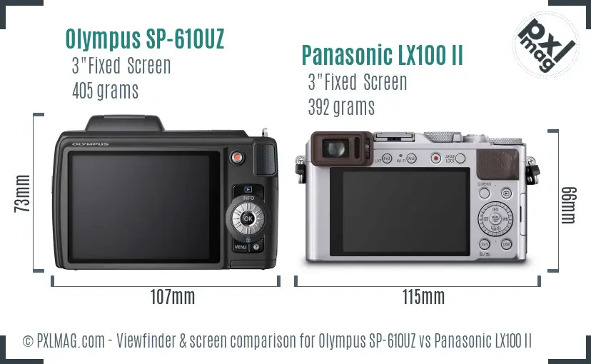 Olympus SP-610UZ vs Panasonic LX100 II Screen and Viewfinder comparison