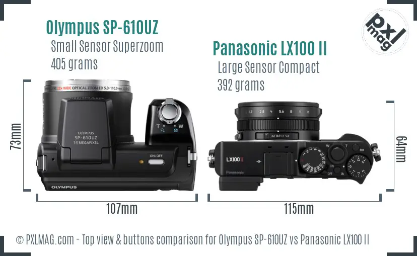 Olympus SP-610UZ vs Panasonic LX100 II top view buttons comparison