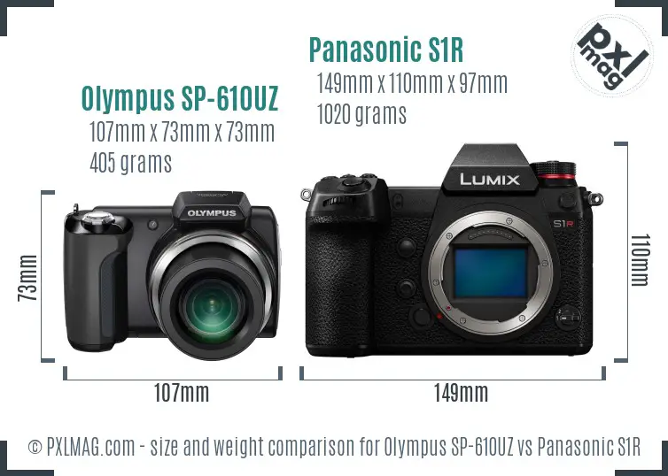 Olympus SP-610UZ vs Panasonic S1R size comparison