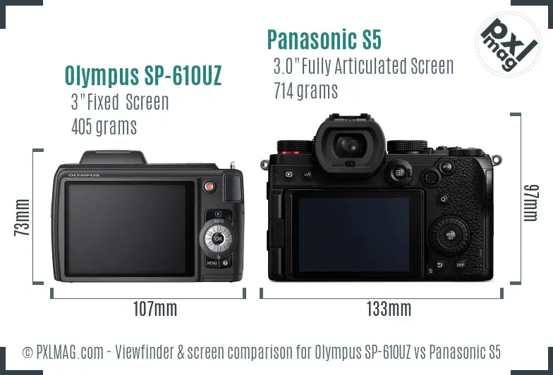 Olympus SP-610UZ vs Panasonic S5 Screen and Viewfinder comparison