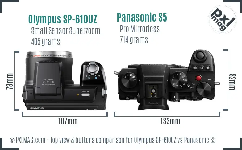 Olympus SP-610UZ vs Panasonic S5 top view buttons comparison