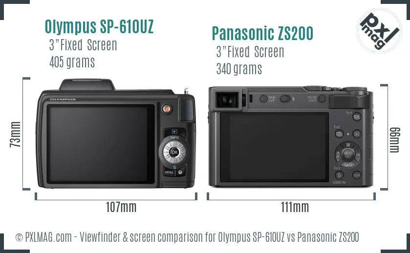 Olympus SP-610UZ vs Panasonic ZS200 Screen and Viewfinder comparison