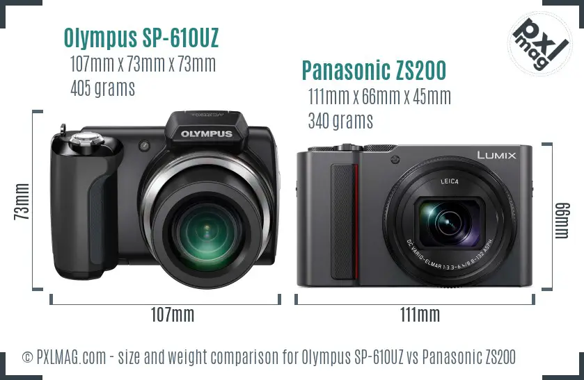 Olympus SP-610UZ vs Panasonic ZS200 size comparison