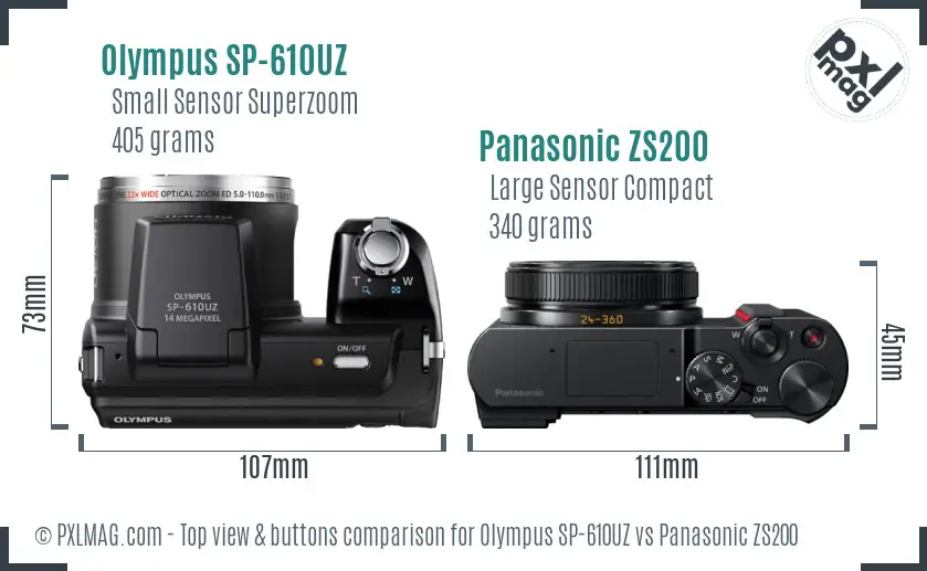 Olympus SP-610UZ vs Panasonic ZS200 top view buttons comparison