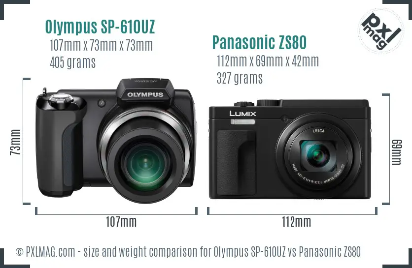 Olympus SP-610UZ vs Panasonic ZS80 size comparison
