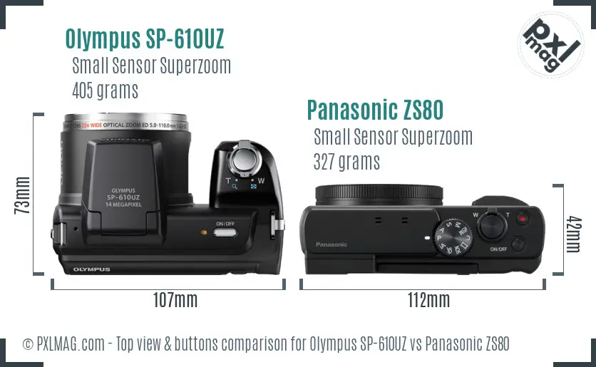 Olympus SP-610UZ vs Panasonic ZS80 top view buttons comparison