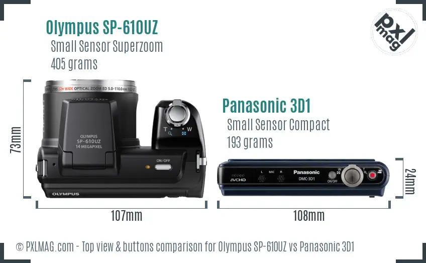 Olympus SP-610UZ vs Panasonic 3D1 top view buttons comparison