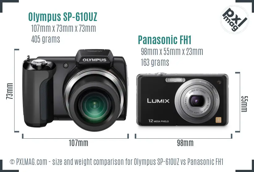 Olympus SP-610UZ vs Panasonic FH1 size comparison