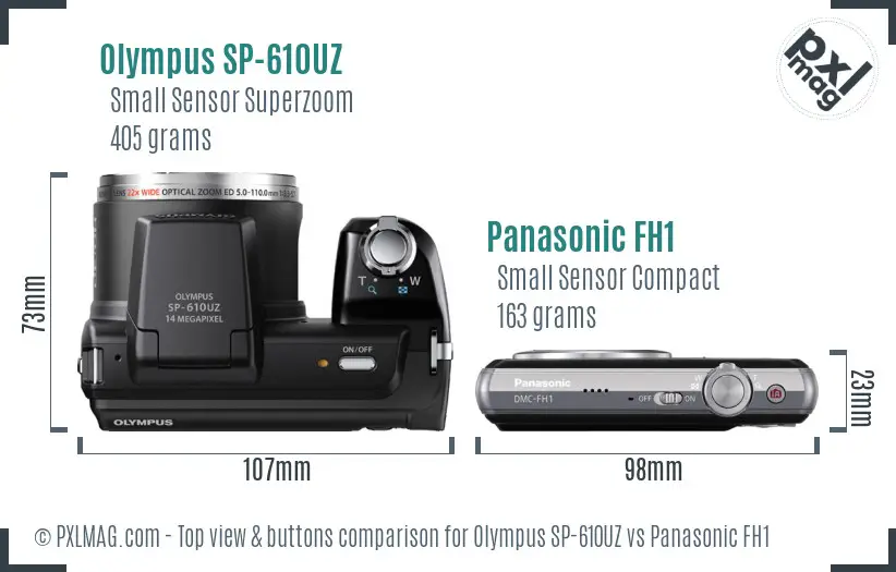 Olympus SP-610UZ vs Panasonic FH1 top view buttons comparison