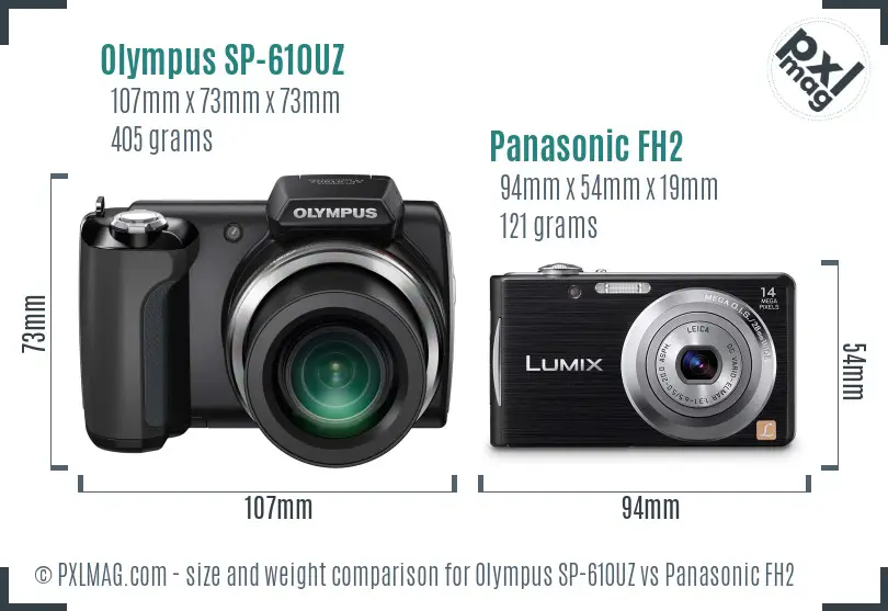 Olympus SP-610UZ vs Panasonic FH2 size comparison