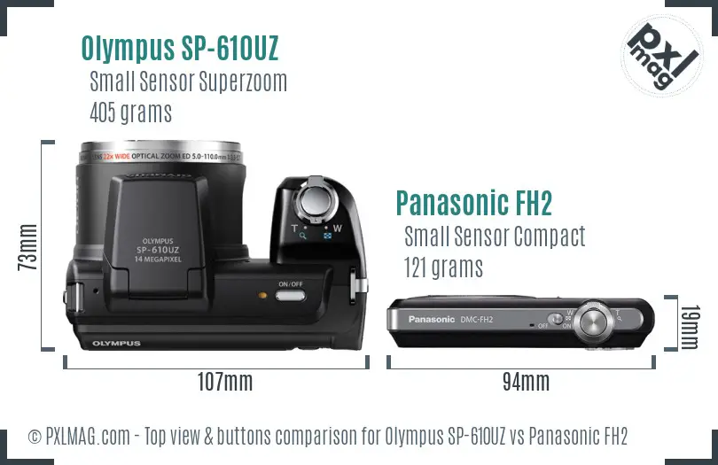Olympus SP-610UZ vs Panasonic FH2 top view buttons comparison