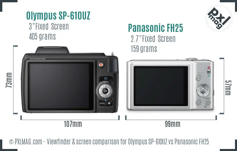 Olympus SP-610UZ vs Panasonic FH25 Screen and Viewfinder comparison
