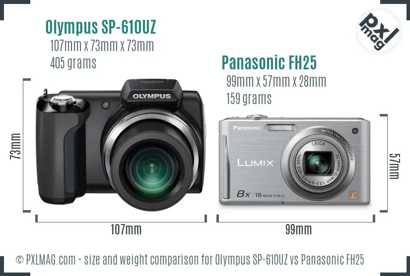 Olympus SP-610UZ vs Panasonic FH25 size comparison