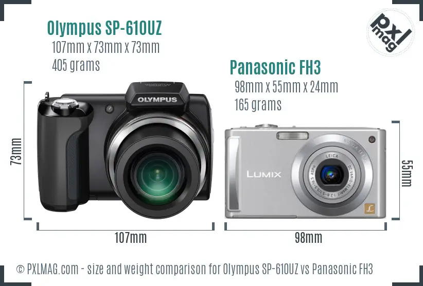 Olympus SP-610UZ vs Panasonic FH3 size comparison