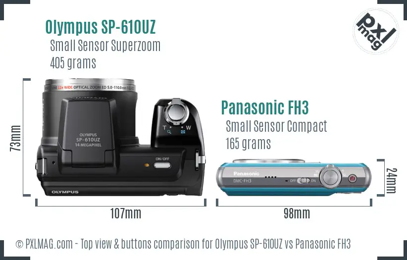 Olympus SP-610UZ vs Panasonic FH3 top view buttons comparison
