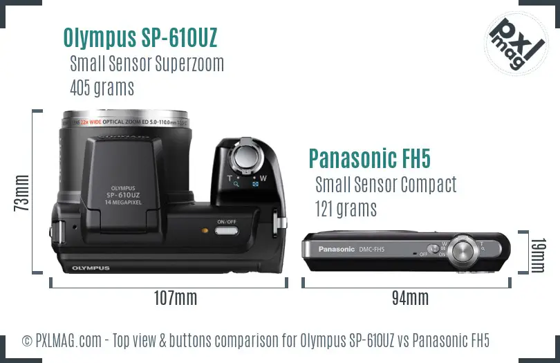 Olympus SP-610UZ vs Panasonic FH5 top view buttons comparison