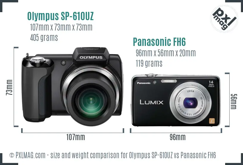 Olympus SP-610UZ vs Panasonic FH6 size comparison