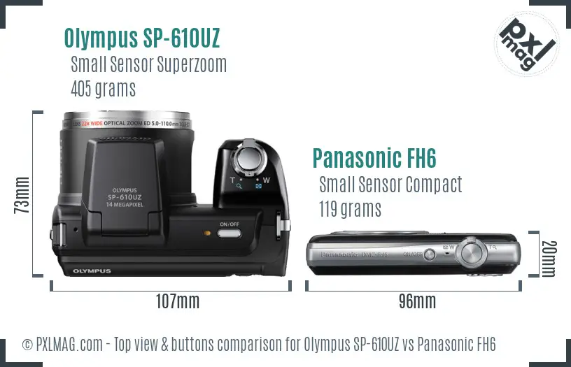 Olympus SP-610UZ vs Panasonic FH6 top view buttons comparison