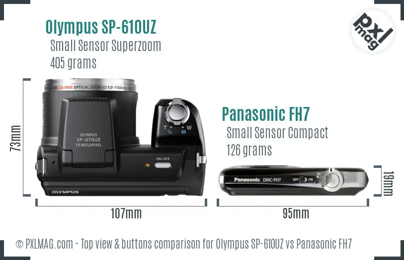 Olympus SP-610UZ vs Panasonic FH7 top view buttons comparison