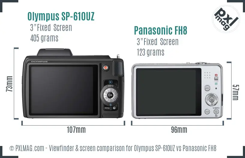 Olympus SP-610UZ vs Panasonic FH8 Screen and Viewfinder comparison